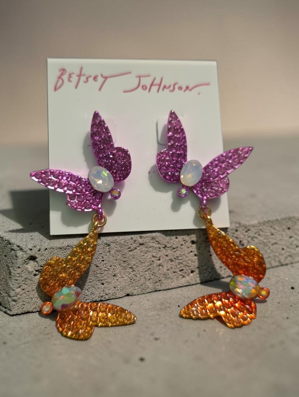 Betsey Johnson Pink and Orange Butterfly Or Butterfly Key Drop Earrings - Picture 3 of 3